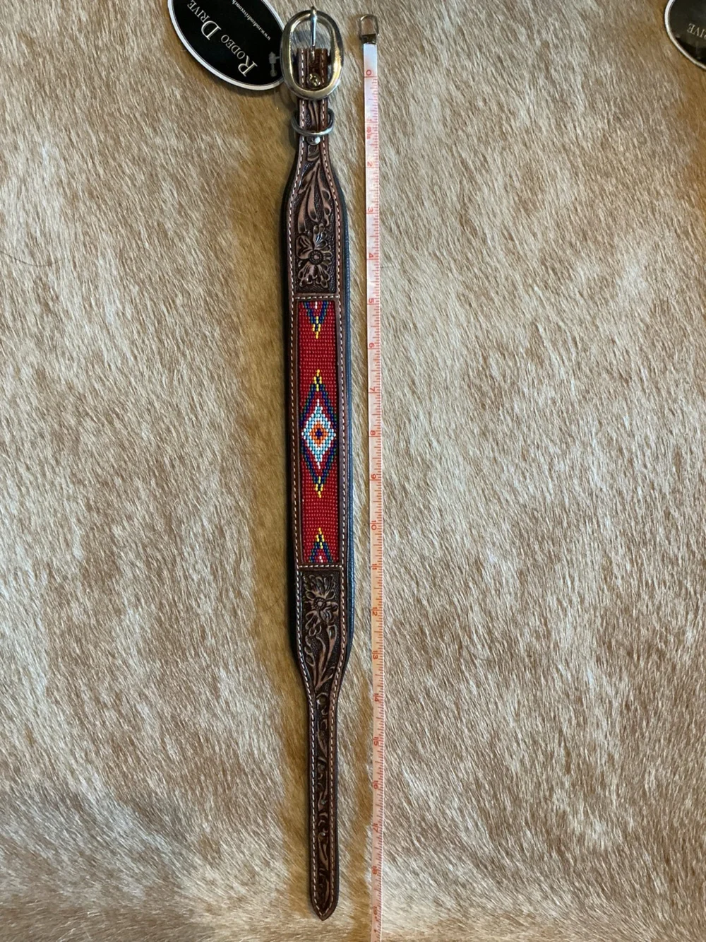 Brown Leather Dog Collar with Red Beaded Accent